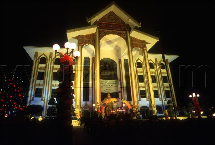 Palace of Culture decorated for New Year / Location: Vientiane, Laos