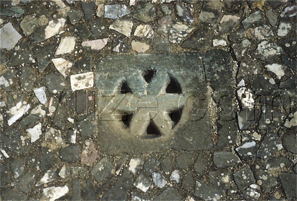 Stone drain cover in remains of the Roman city of Nicopolis / Location: Nicopolis, Epirus, Greece